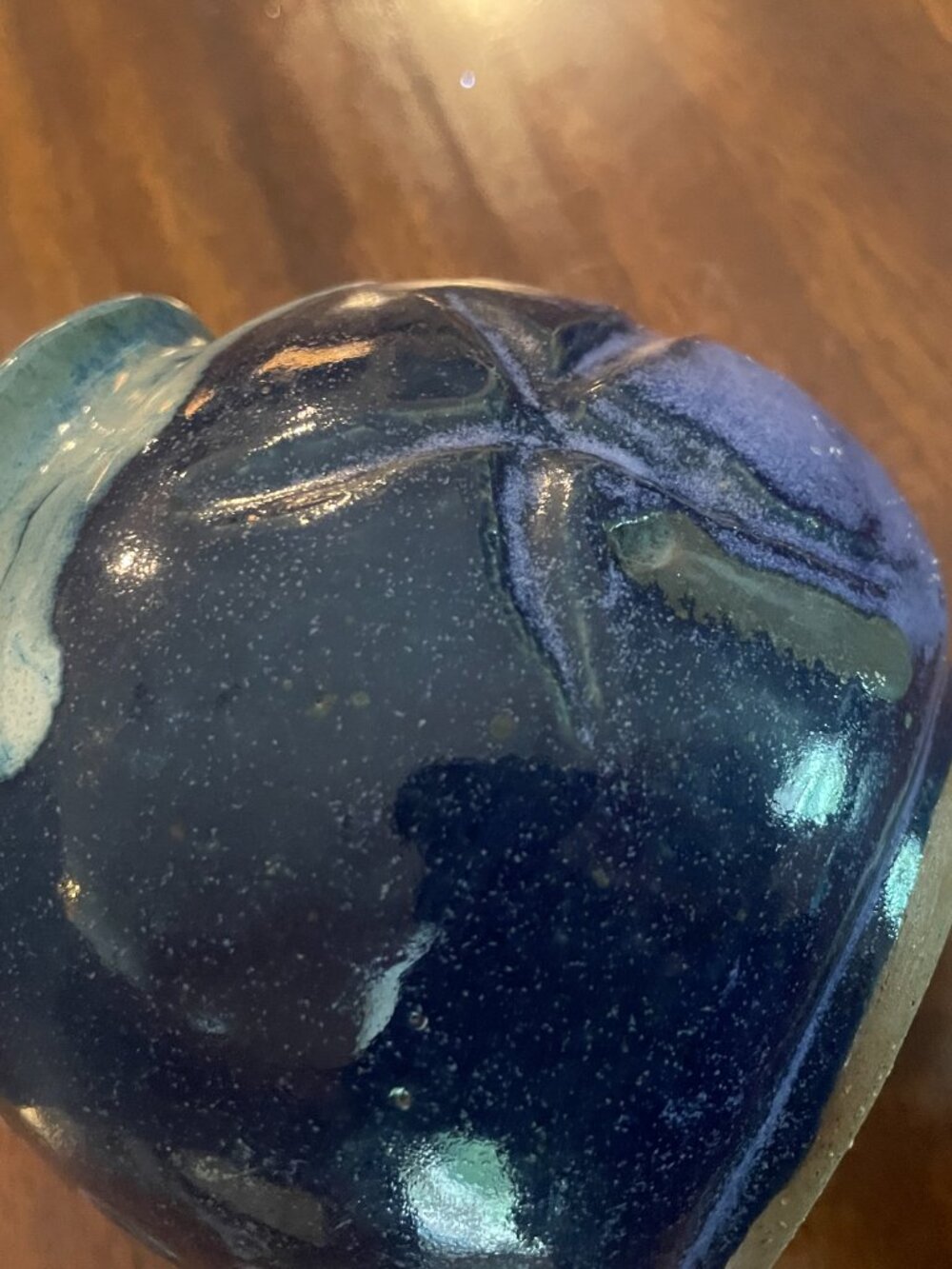 Handmade Blue Glaze Pottery Vase Starfish & Chinese Symbols 5" x 3" Signed - Picture 7 of 7